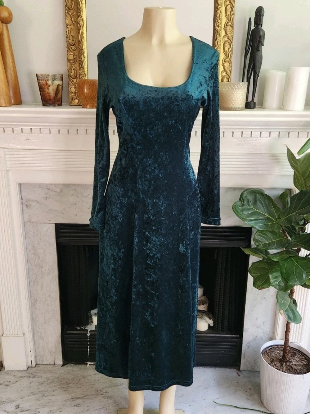 Vintage 80s All That Jazz Green Dress Size M Crushed Velvet Midi Whimsigoth Boho - Picture 2 of 9